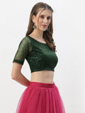 Net Sequin Embroidered Sheer Sleeves Crop Top