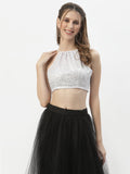 Net Sequin Embroidered Halter Crop Top