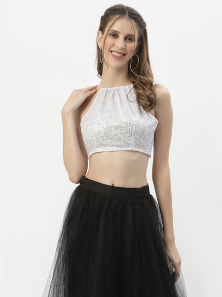Net Sequin Embroidered Halter Crop Top