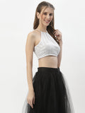 Net Sequin Embroidered Halter Crop Top