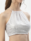 Net Sequin Embroidered Halter Crop Top