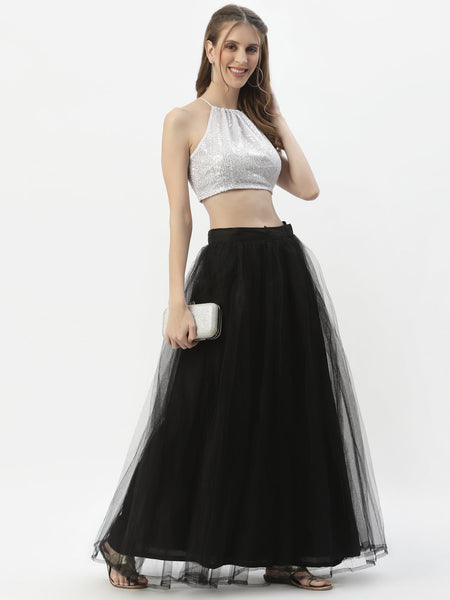 Net Sequin Embroidered Halter Crop Top