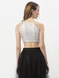Net Sequin Embroidered Halter Crop Top