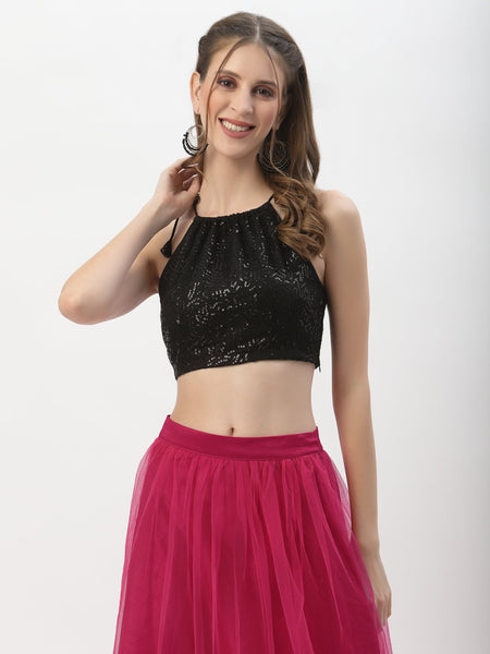 Net Sequin Embroidered Halter Crop Top