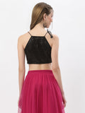 Net Sequin Embroidered Halter Crop Top