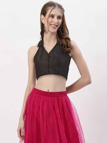 Dupion Sequin Embroidered Collar Halter Top
