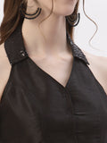 Dupion Sequin Embroidered Collar Halter Top