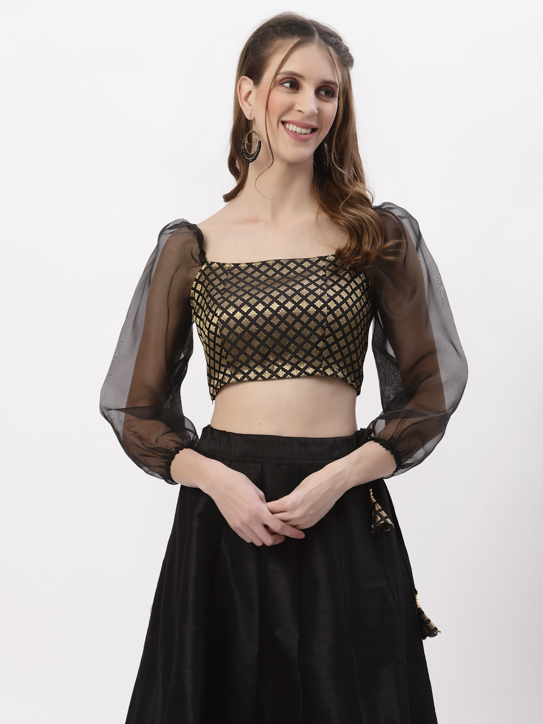 Brocade and Organza Puff Sleeves Crop Top – Mystudiorasa