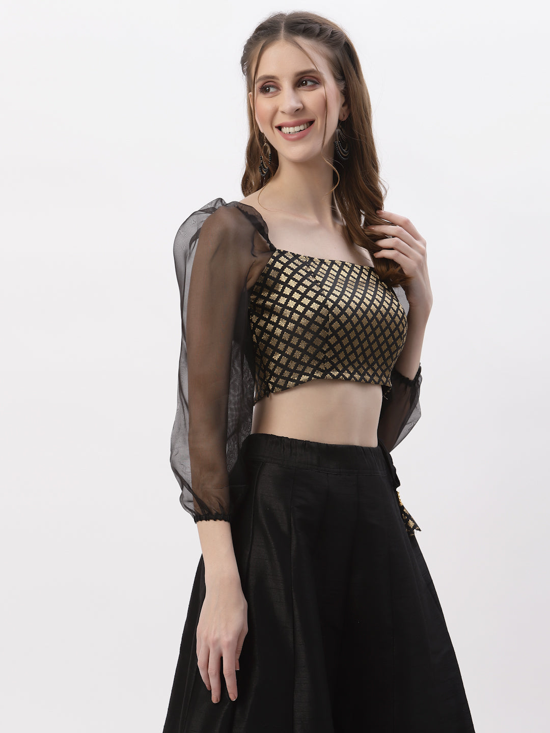 Brocade and Organza Puff Sleeves Crop Top