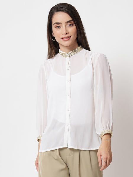 Georgette Sequin Embroidered Sheer Shirt