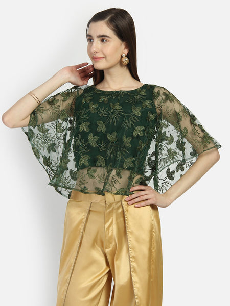 Net Floral Embroidered Cape Top