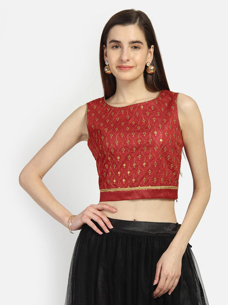 Dupion Embroidered Back Tie Crop Top