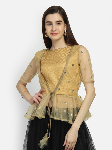 Brocade and Net Sequins Embroidered Peplum Top